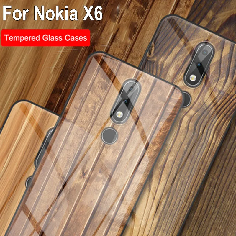 Чехол для телефона из закаленного стекла с узором древесины Nokia X6 x6 чехол черным