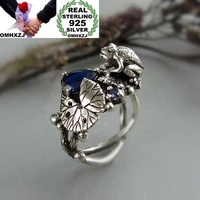 omhxzj wholesale european fashion woman man party wedding gift silver frog lotus blue aaa zircon taiyin ring rr329
