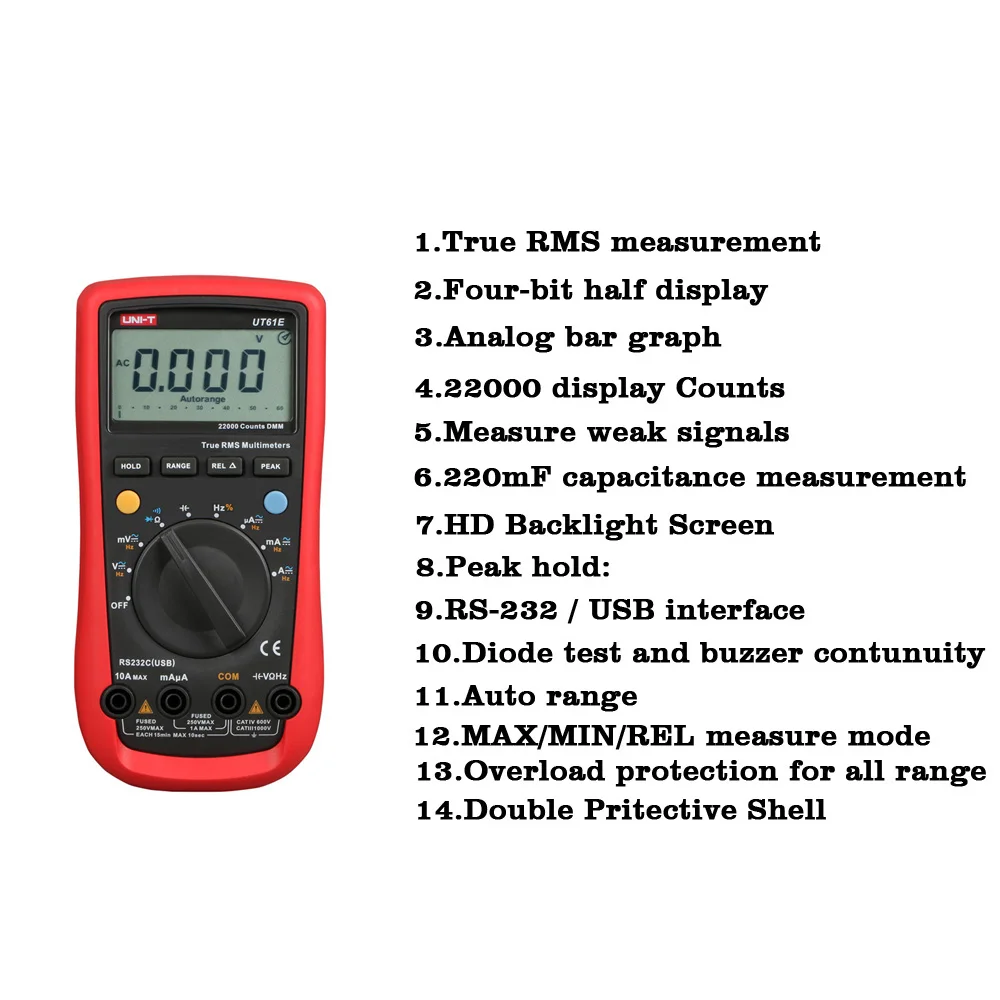 UNI-T UT61E 1000V Цифровой мультиметр, измеряющий истинные квадратичные значения 22000 переменного/постоянного тока AC DC RS232 отн значение удержание пикового значения удержания данных режим относительного измерения рабочий цикл