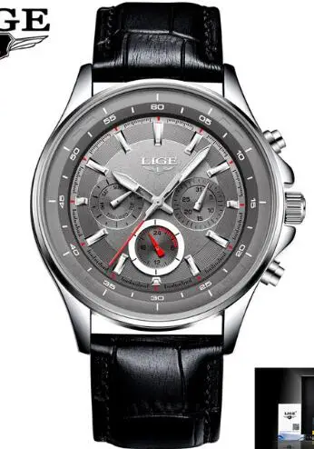 leather gray LIGE спортивные мужские часы, мужские кварцевые наручные часы, водонепроницаемые, ударопрочный стальной ремешок, черные армейские мужские часы, мужские часы Hodinky+ коробка - Цвет: leather gray