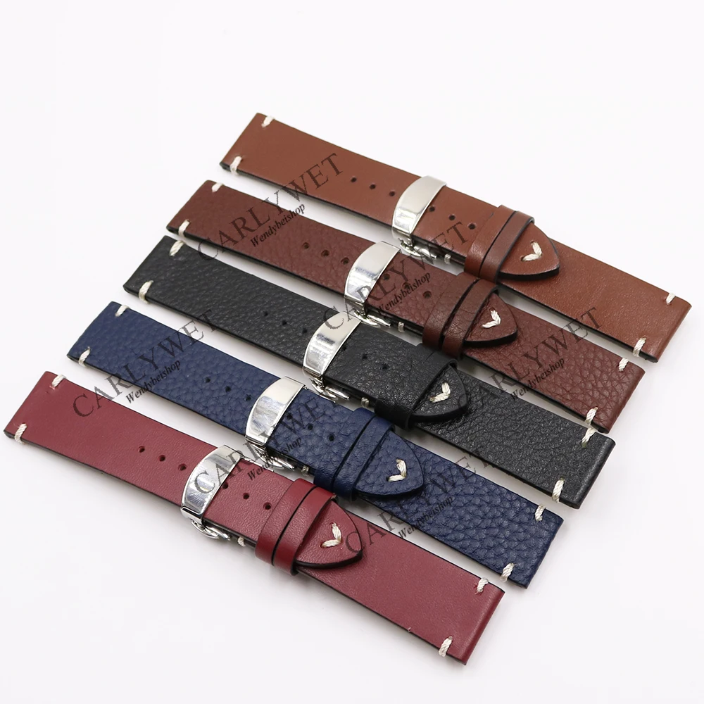 CARLYWET 20 22 24mm Leather Brown Black Red Blue VINTAGE Replacement Wrist Watch Band Strap Belt with Clasp for Brand Watch