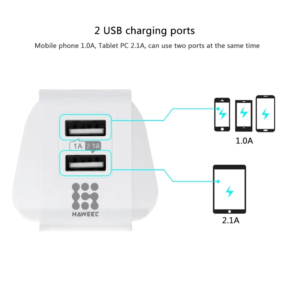 HAWEEL 2 USB Ports 1A / 2.1A Travel Charger for iPhone 6 &amp Plus Other Mobile Phones UK Plug(White) | Электроника