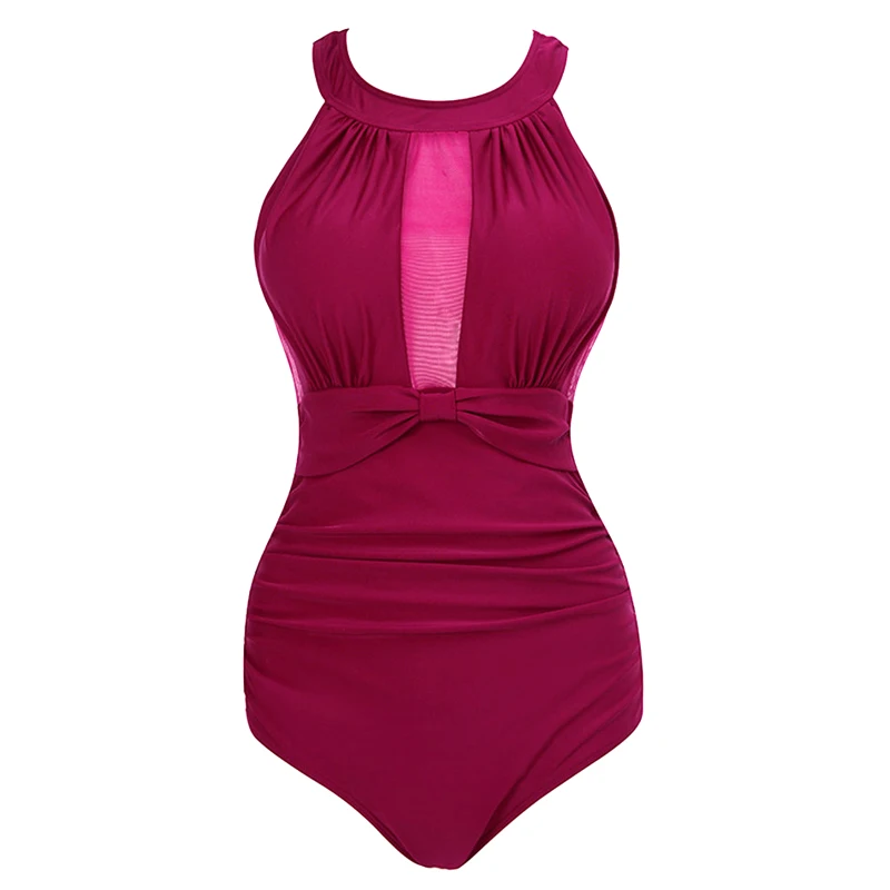 LS1384-Wine Red Сексуальный сетчатый купальник, сдельный Купальник для женщин, плюс размер, купальный костюм, пуш-ап, монокини,, в горошек, купальник, женские пляжные купальники - Цвет: LS1384-Wine Red