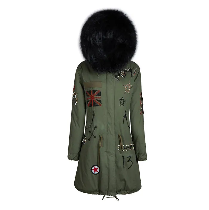 Мужская длинная куртка на лисьем меху Черная с капюшоном и бусинами новинка