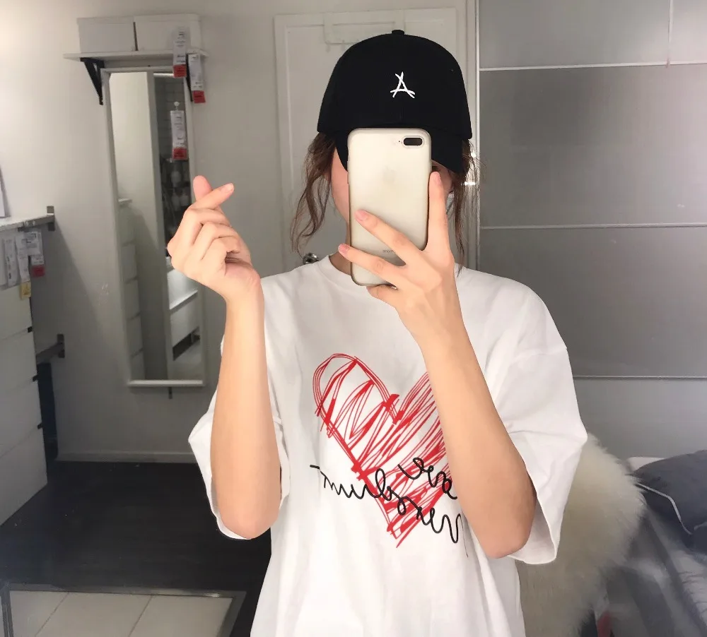 Весна-лето 2019 новая Корейская футболка с короткими рукавами и принтом Love |