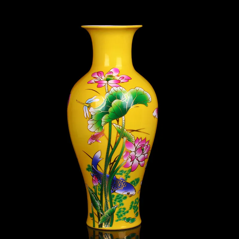 

Chinese Style Jingdezhen Ceramic Pastel Yellow Big Vase Hand Painted Exquisite Pattern Flower Holder Living Room Decoration Vase