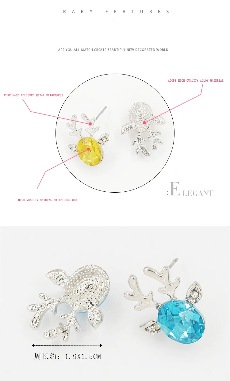 7 Fashion Colors Red Pink Blue White Lovely Big Rhinestone Deer Crystal Ears Silver Plated Antlers Stud Earrings for Women | Украшения и