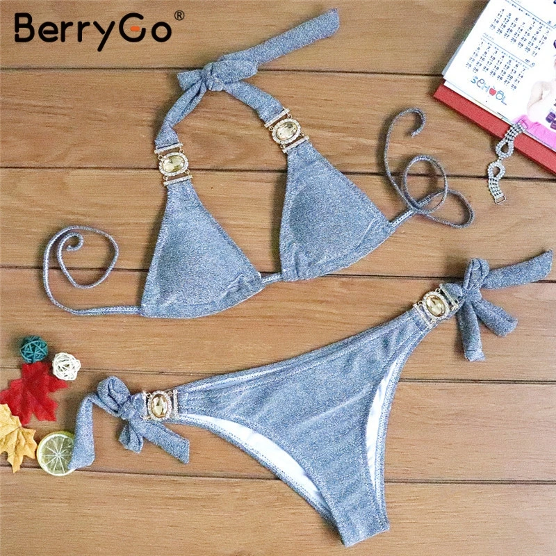 BerryGo, бикини, сексуальный, из двух частей, женский купальник, сексуальный, блестящий, треугольник, Холтер, купальник, Одноцветный, летний, пляжный, бикини, набор, купальники - Цвет: Gray