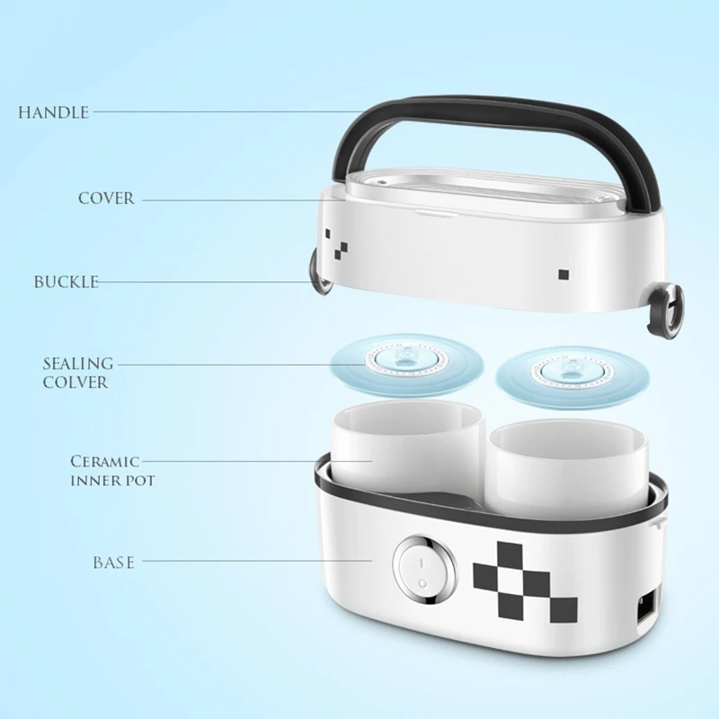 DMWD 1L Portable Electric Cooker Food Heater Heating Lunch Box With Separate 2 Ceramic Inner Pot For Steaming Boiling