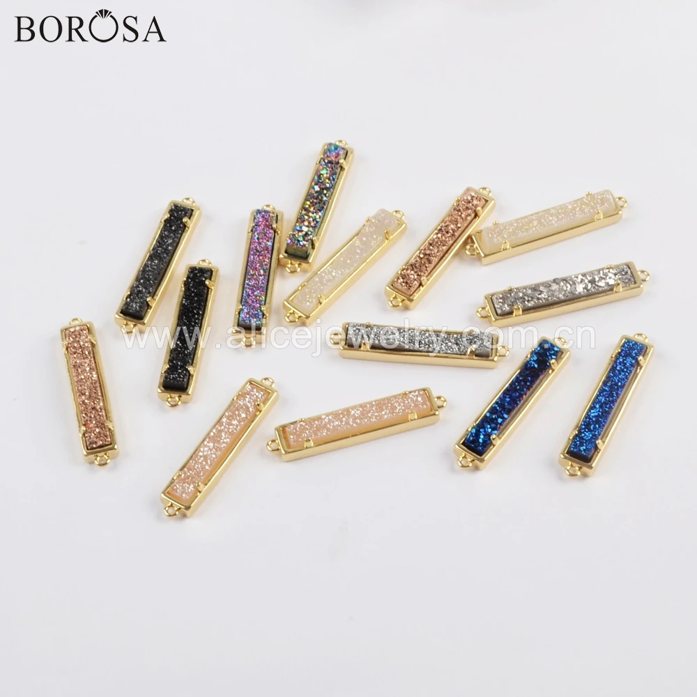 BOROSA 5 шт. золотой ободок коготь прямоугольник натуральный Агаты Титан Радужная Друза коннектор друзовый двойные подвески для ожерелья ZG0405