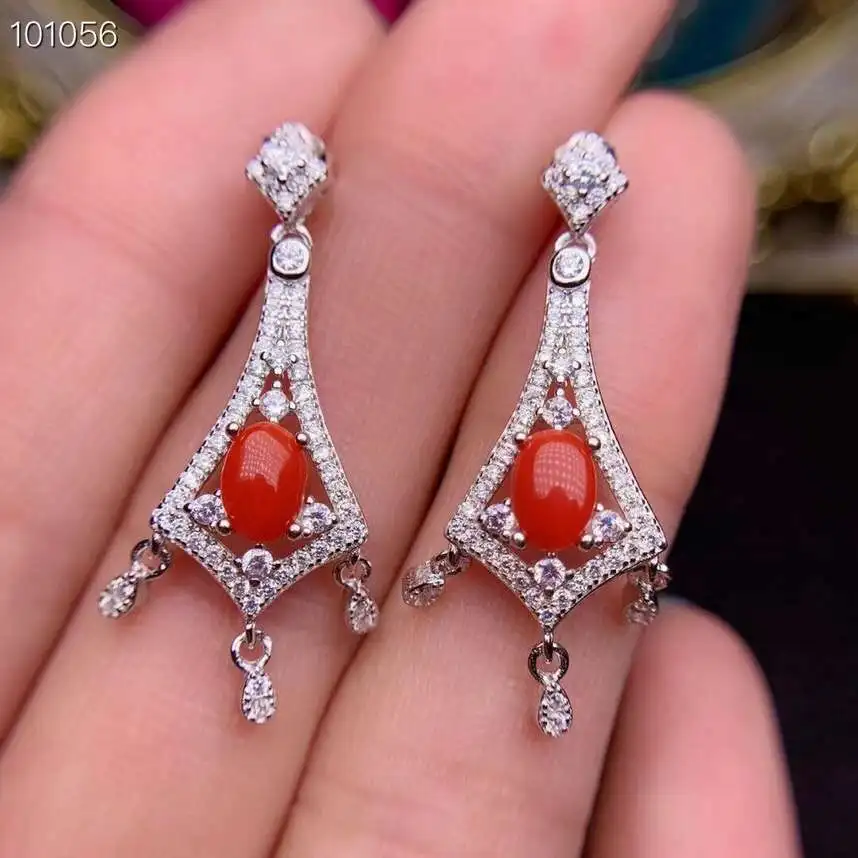 

Fashion Lovely Tassels long Line S925 silver natural red coral drop earrings natural gemstone women birthday party gift jewelry