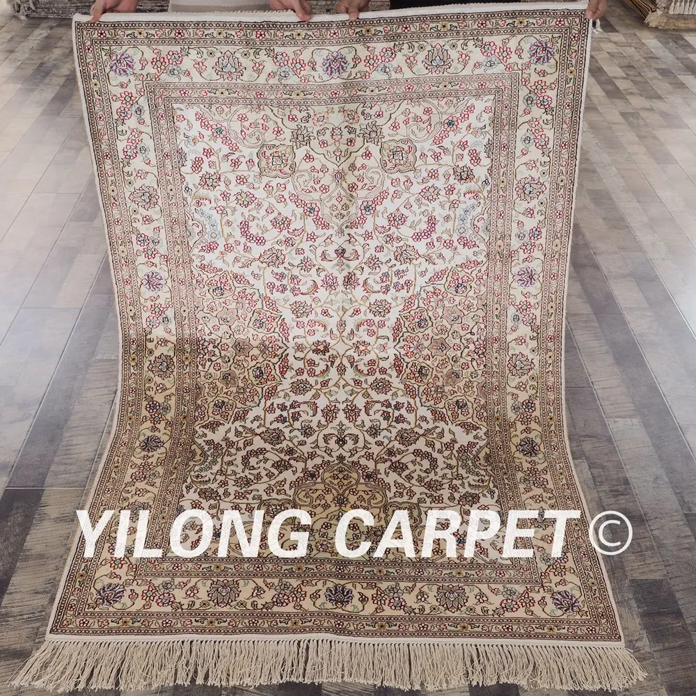 

YILONG 4'x6' Tabriz carpet hand knotted beige vantage floral fine oriental silk rug (ZW070M4x6)