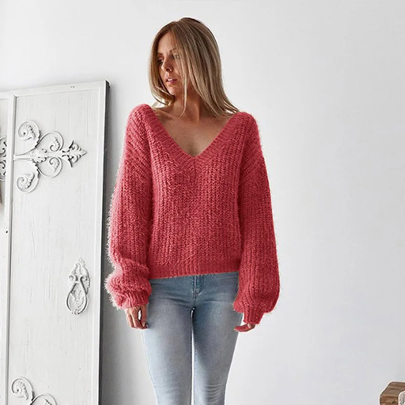 Backless Sweater Women Autumn Sexy V-neck Pullover Jumper Solid Loose Knitting Clothes For Ladies Cotton Female | Женская одежда