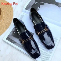 krazing pot classics design genuine leather brand shoes thick med heels women pumps square toe metal fasteners career shoes