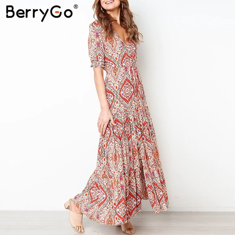BerryGo Boho платье с цветочным принтом Длинные платья для женщин Лето плюс размер v