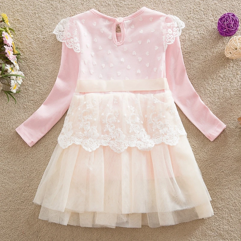 girl dresses neat fall new o-neck 100% cotton kids clothes lovely lace mesh girls butterfly belt long sleeve LD6613 | Детская одежда и