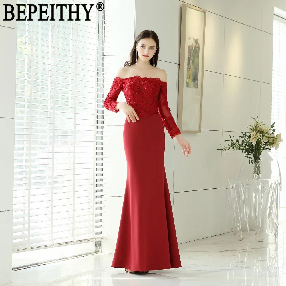 BEPEITHY vestido de festa дизайн вырез лодочка, аппликация бисером красные атласные длинные в стиле русалки вечерние платья