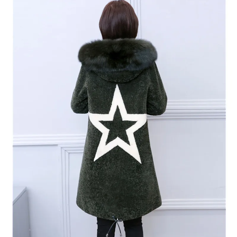 

UHYTGF S-3XL fashion Sheep shearing Winter fur jacket Womens New Fox fur collar Hooded warm outerwear long Slim Ladies coat 1106