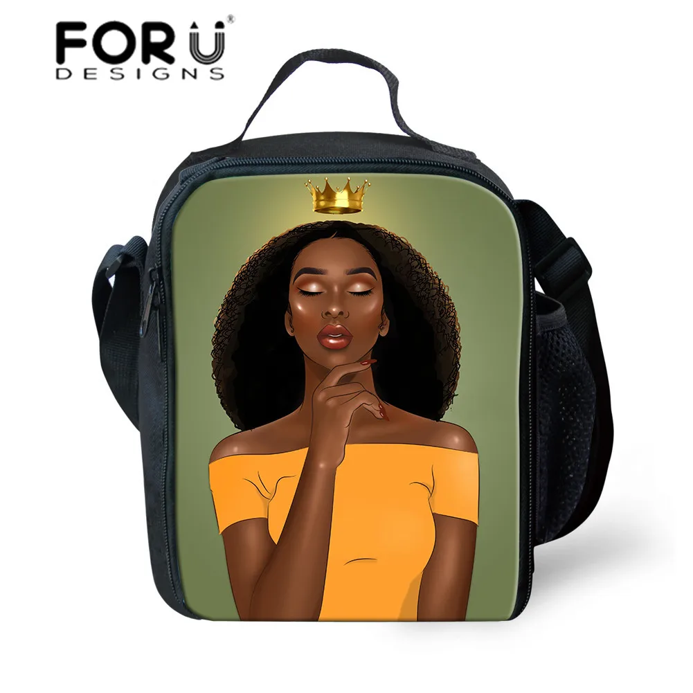 

FORUDESIGNS Neoprene Lunch Bags for Children Black Queen African Girls Food Storage Kids Insulated Lunchbox Bag Women Picnic Bag