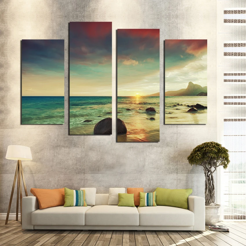 

Modern oil painting on canvas best quality hd printed canvas prints 4 piece no frame landscapes sea wave and sunrise scenery