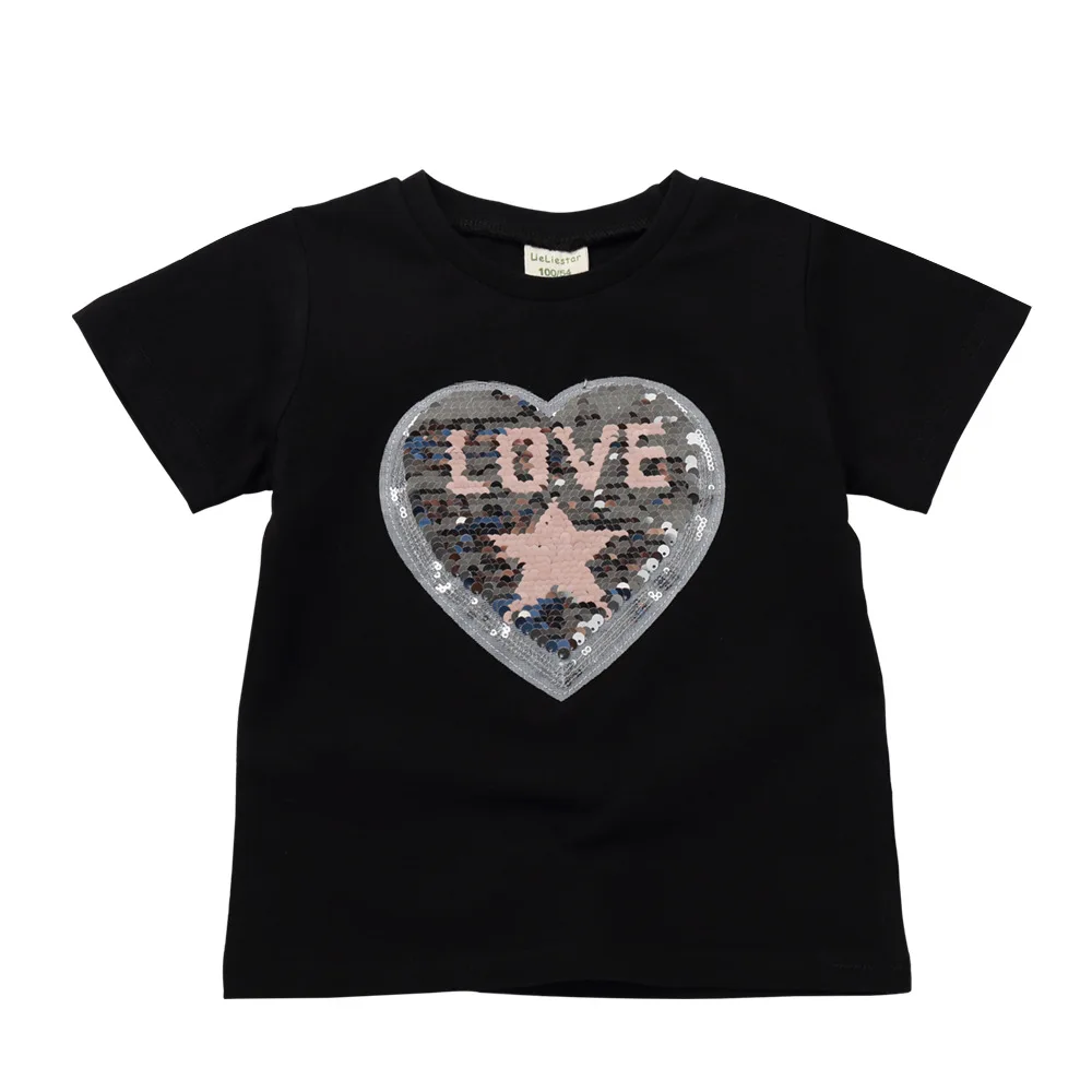 Love Heart Magic Discoloration Sequins Children T-shirt Boy Girls Short Sleeve Sequin Reversible T shirt Baby Cotton Tops | Детская