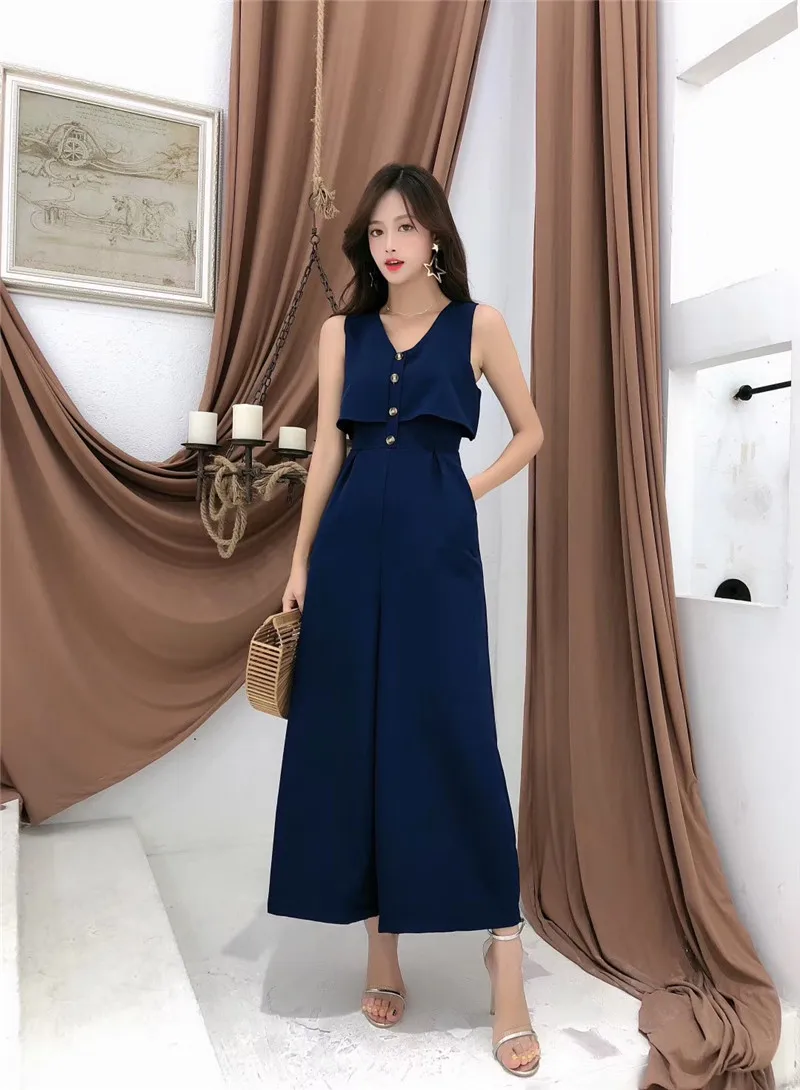 ALPHALMODA, летние новые женские комбинезоны, однобортные, без рукавов, женские облегающие комбинезоны, широкие, модные комбинезоны