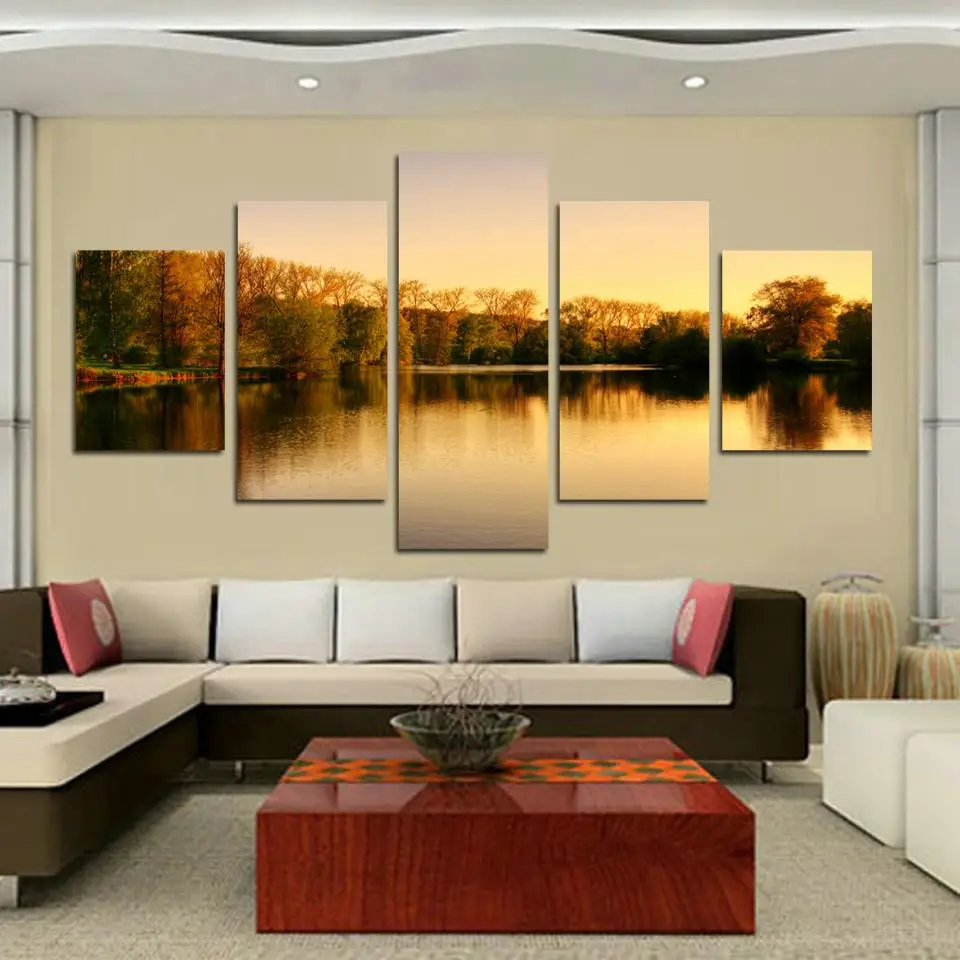 Beautiful autumn tree lakes and mountains 5 Panels the picture Canvas Print Painting Art work decorative canvas painting | Дом и сад