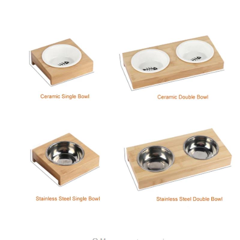 

Pet Dog Bowl Bamboo Pet Stainless Steel/Ceramic Feeding and Drinking Bowls Combination with Bamboo Frame for Dog Cats Pet Feeder