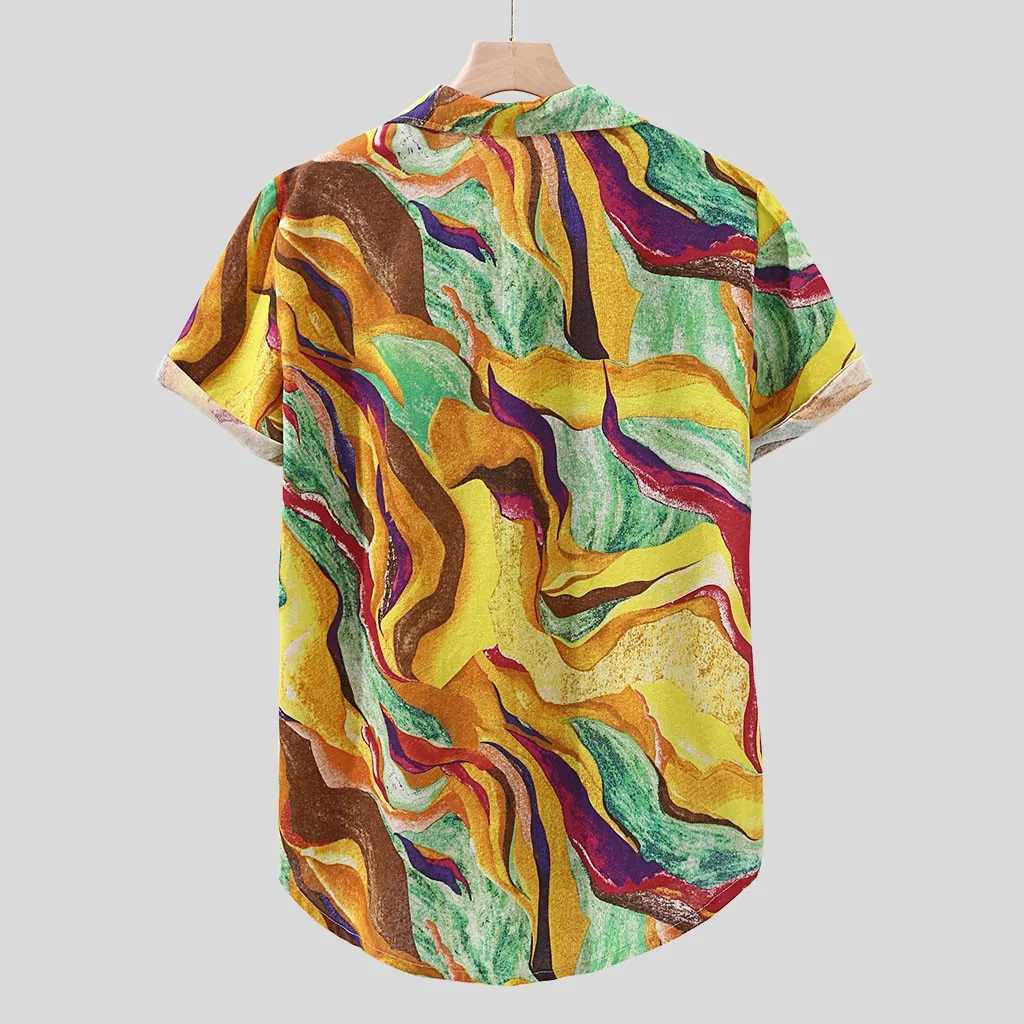 Womail Mens Hawaiian Pocket Short Sleeve Loose Shirts Print Linen Blouse Hawaiian Shirts Cotton Fashion Men Beach Hawaiian Shirt