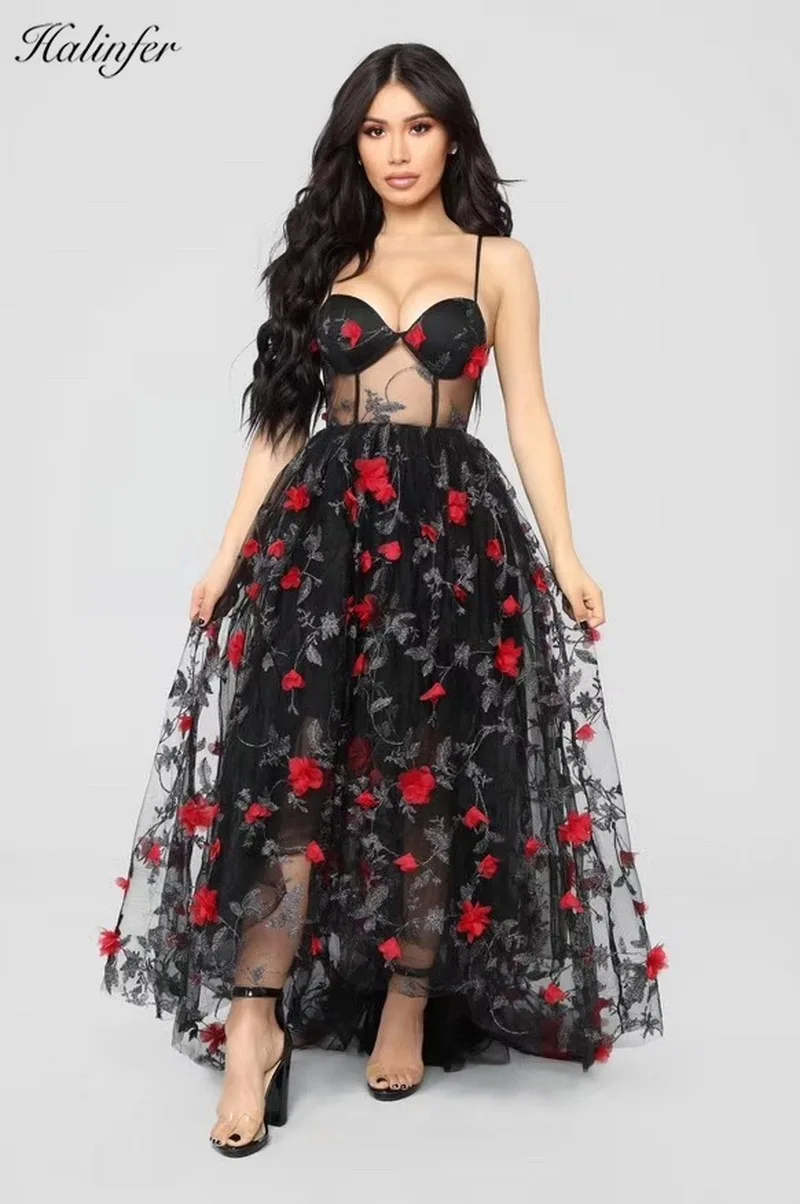 Женское облегающее платье Halinfer прозрачное кружевное без бретелек с цветочным