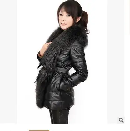 Newest  Womens Warm  Fake Raccoon Fur Collar Winter Autumn Black Leather Jacket Faux Leather Patchwork Coats Outwear K585
