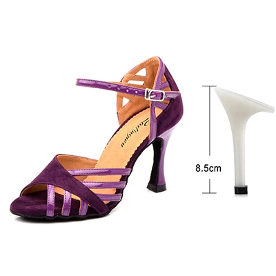 Purple 8.5cm Ladingwu/туфли для латинских танцев; женские замшевые и полиуретановые новые фиолетовые вечерние танцевальные туфли для сальсы; женские кроссовки на каблуке 9 см - Цвет: Purple 8.5cm