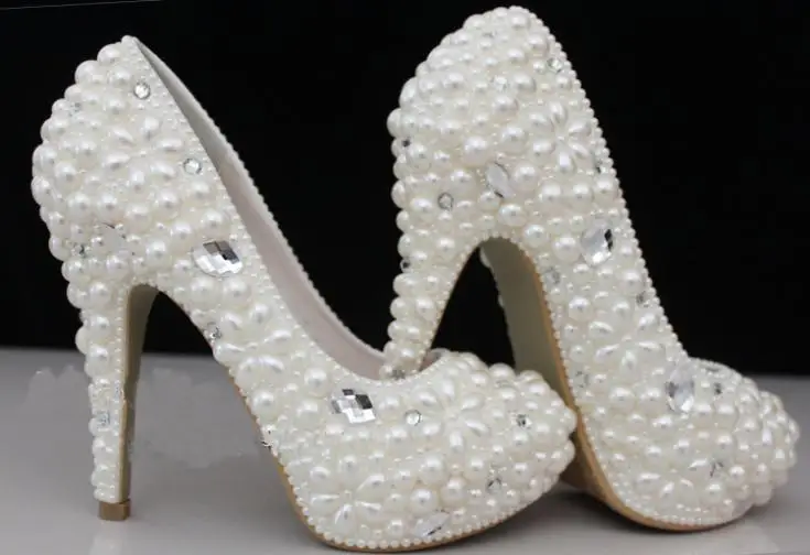 

2 Inches Wedding Bridal Shoes bridesmaid shoes formal dress shoes Round Toe Ivory Imitation Pearl Shoes women