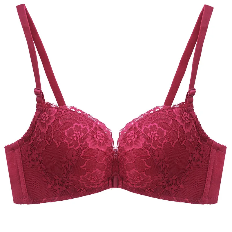wine red Queenral спереди закрытые бюстгальтеры Для женщин нижнее белье 32-38 до н. э. чашки белье сексуальное кружево вышивка Флора Bralette пуш-ап бюстгальтер BH бюстгалтерлифчик силиконовый бюстгалтербюстгальтер бюстга - Цвет: wine red