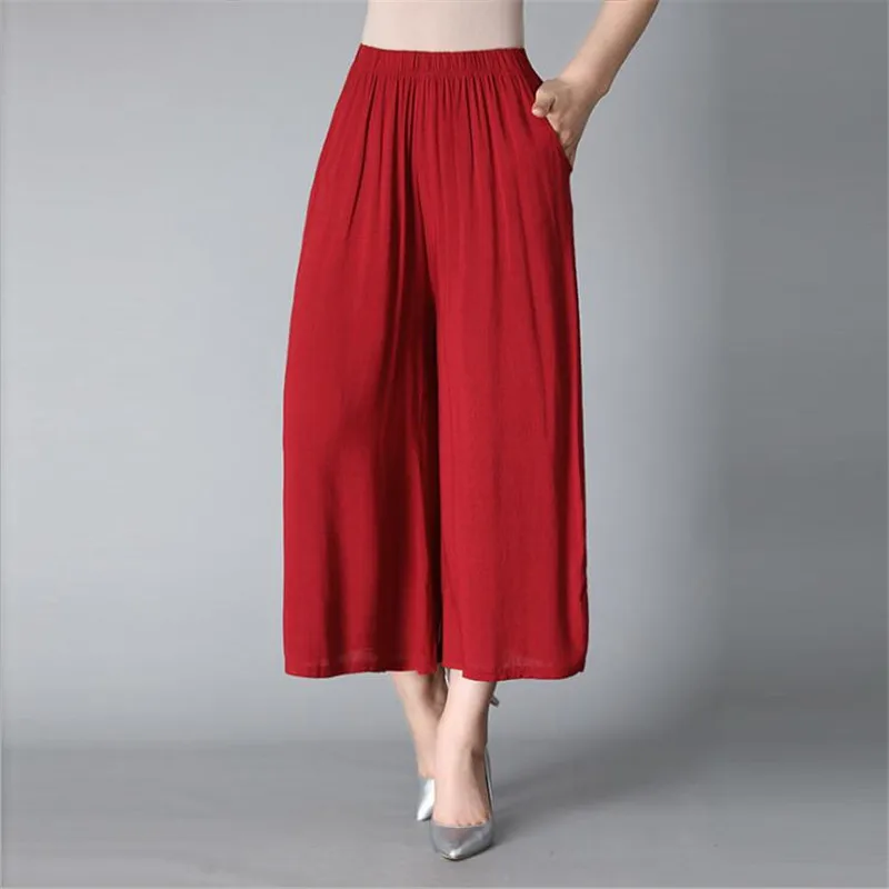 Solid Summer women's casual pants capris loose large size cotton linen wide leg pants Culottes