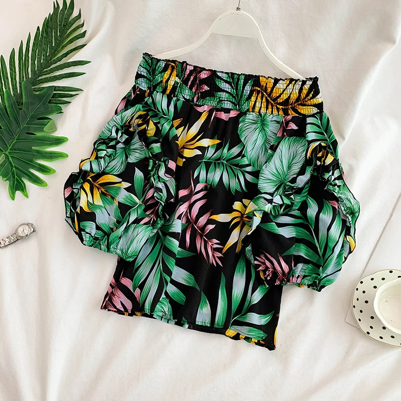 2019 Новая модная женская блузка рубашка тропический растительный лист печати
