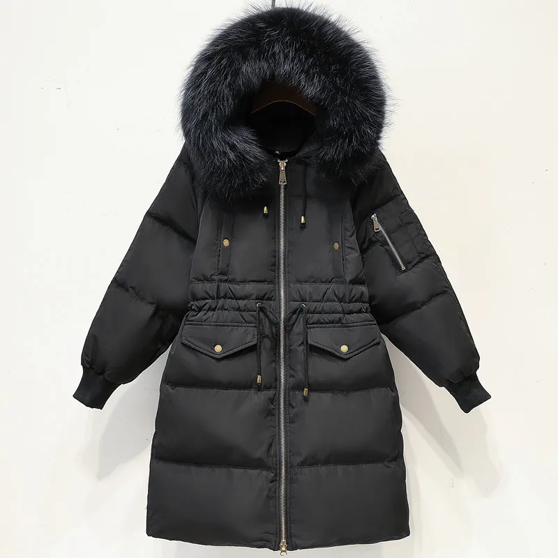 Черный XL-4XL 5XL Женская одежда зимние куртки парка на утином пуху длинные пальто капюшон с натуральным мехом корейские Топы Плюс Размер Пальто утолщенное теплое - Цвет: Черный