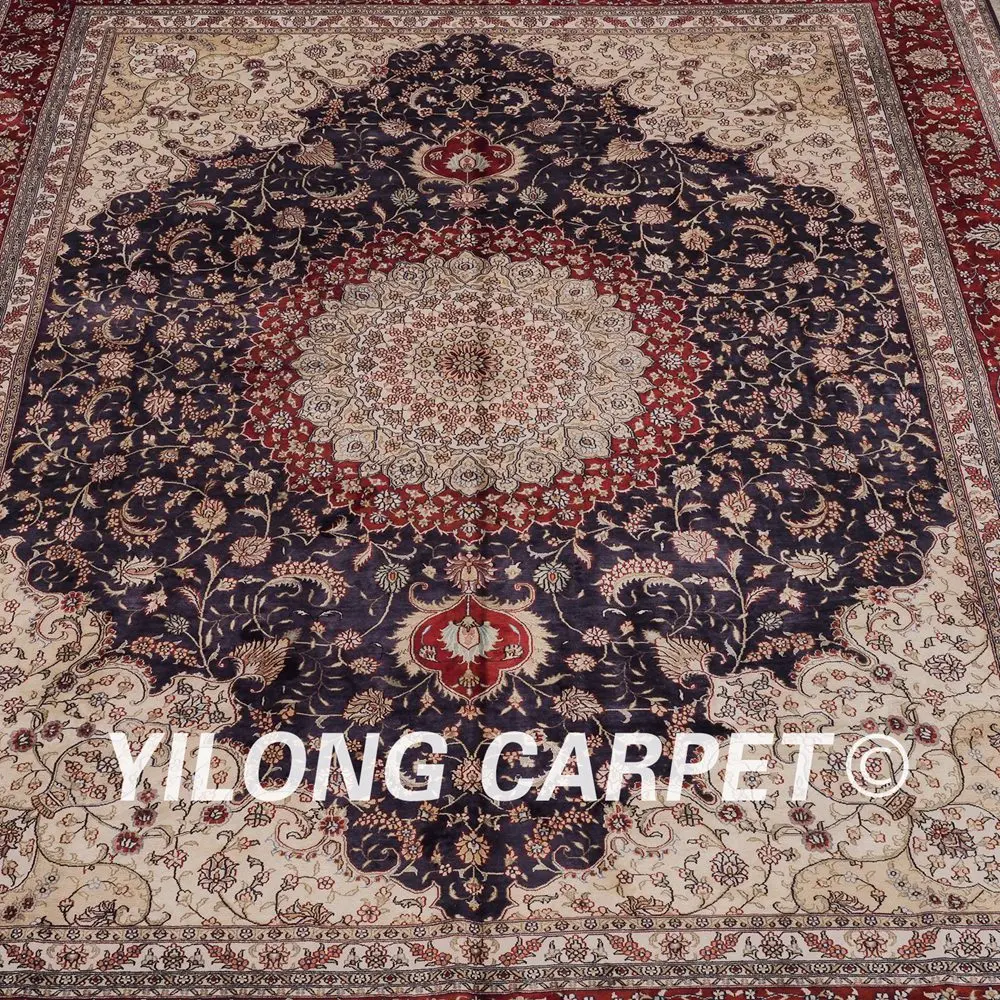 Koop Yilong 9'x12 'Antieke Tabriz Zijde Kleed Grote Donkerblauw Vantage Turkije Handgemaakte Zijden Tapijt (LH08B9x12)