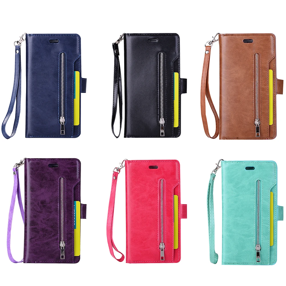Flip Case Bag For iPhone X 8 7 6 6s Plus Leather Zipper Pouch Kickstand Wallet Cover With ID Card Slots&ampMoney Pocket&ampWrist Strap |