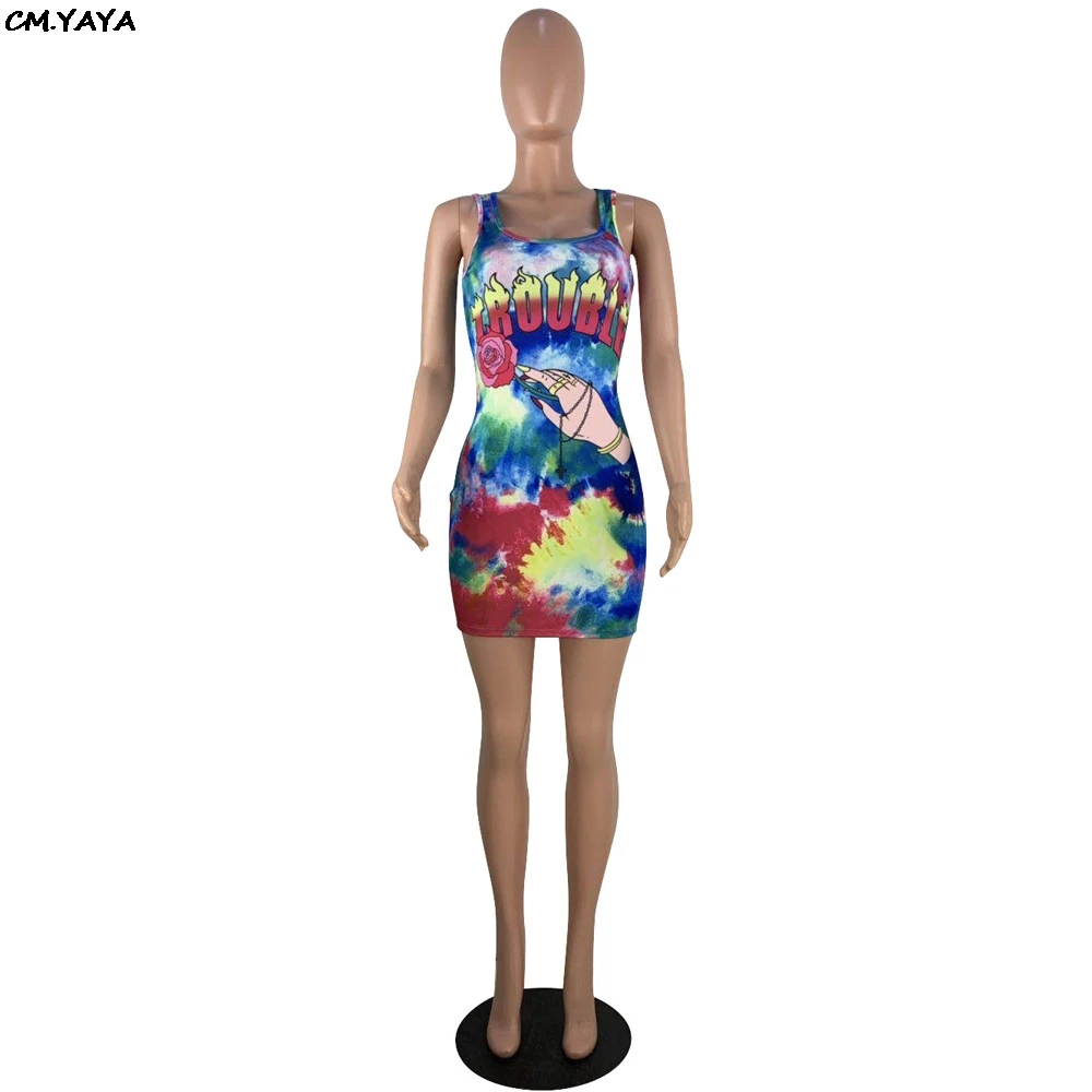 Многоцветный Новинка, женское летнее платье, с принтом "tie dye galaxy", без рукавов принт буквы, облегающее платье миди, выше колена, мини модные платья GLL8052 - Цвет: Многоцветный