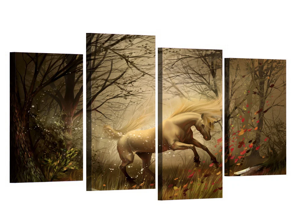 

4 Panel Canvas Art Canvas Painting Unicorn Forest Comic HD Printed Wall Art Poster Home Decor Picture for Living Room XA135B