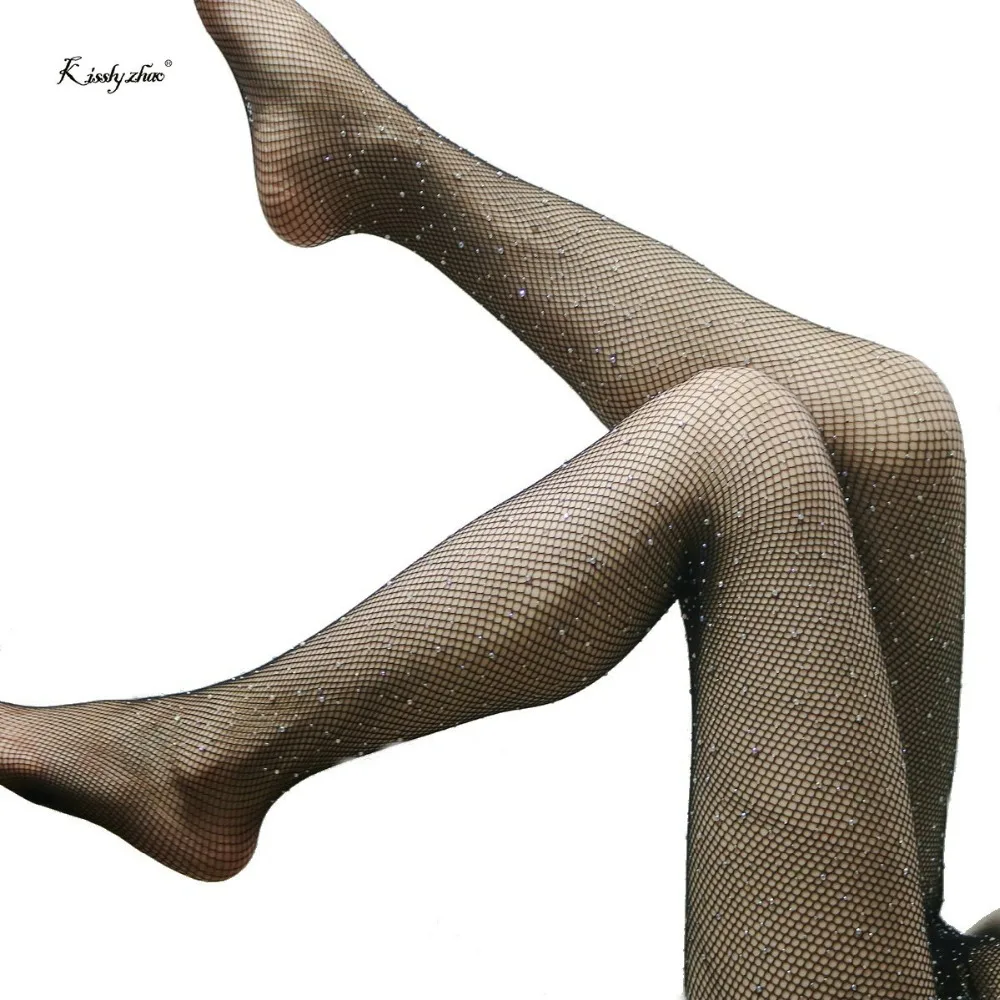 Women's Sexy High Waist Tight Sparkle Rhinestone Fishnet Stockings Pantyhose Mesh Fishnet Sparkle Glitter Rhinestone