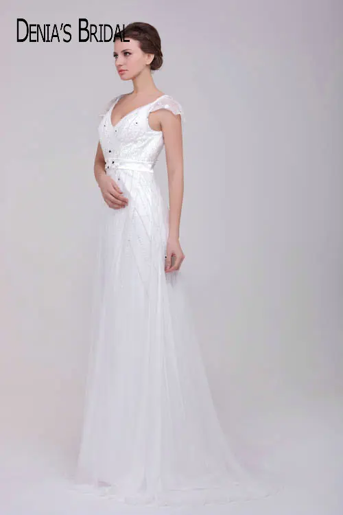 Реальные фотографии с рукавами-крылышками v-образным вырезом бисером а-силуэта