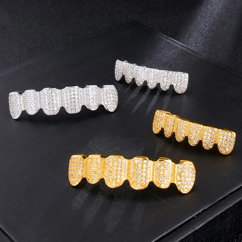 Хип-хоп Блестящий Bling Полный Iced Out AAA кубический циркон кристалл Зубы гриль Золото Серебро Клык сверху и снизу гриль набор дропшиппинг