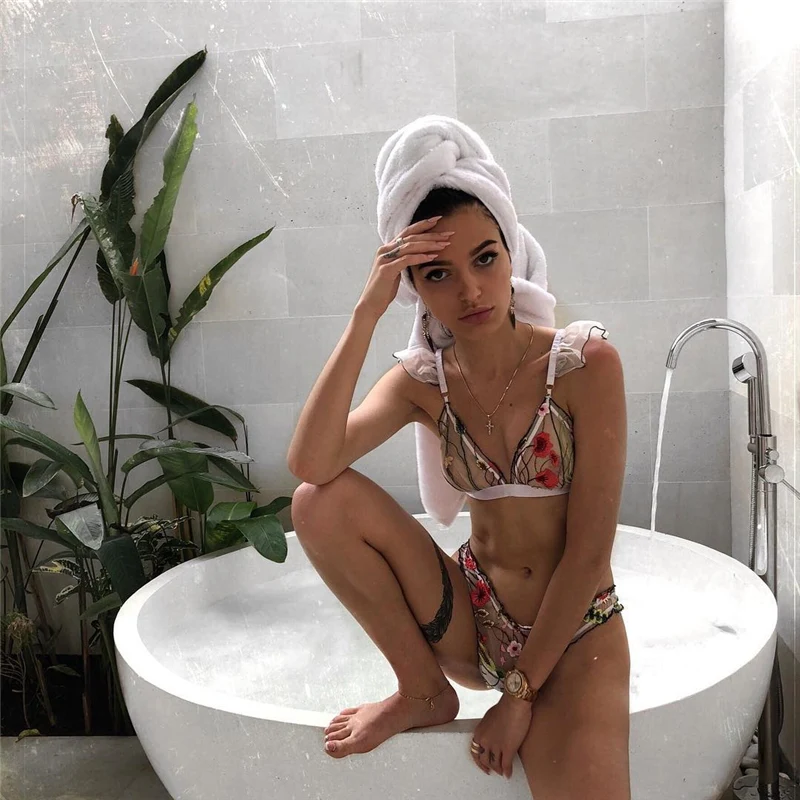 Комплект нижнего белья с кружевной вышивкой пуш-апом регулируемый бюстгальтер