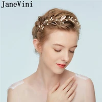 janevini bride handmade pearl hairpin gold leaf wedding bridal tiara headband women party hairbands bruiloft haar accessoires