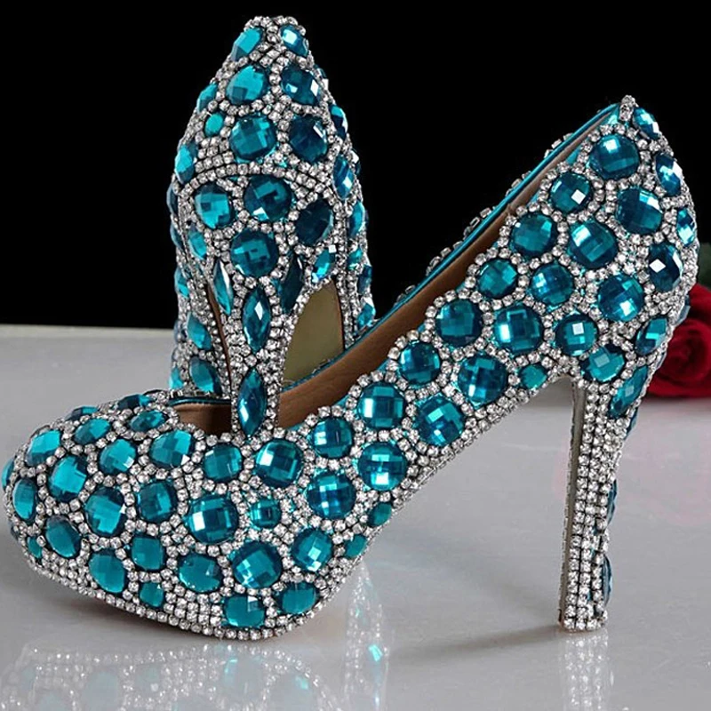 

2018 Sparkling Luxurious Blue Wedding Shoes for woman Rhinestone Bridal Dress Shoes Lady High Heel Party Prom Shoes