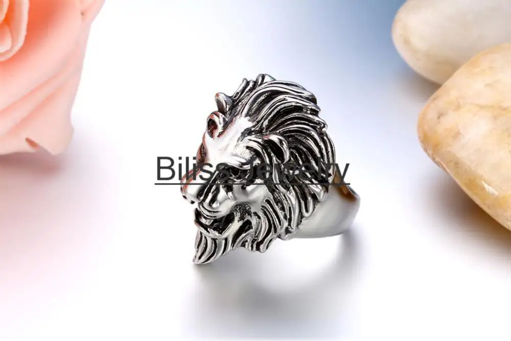 Мужские кольца в виде головы льва черные и серебряные из нержавеющей стали стиле
