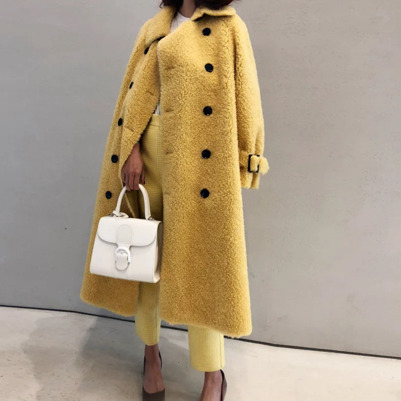 Yellow Женское пальто из натурального меха ягненка, зимняя куртка, женское теплое шерстяное пальто в Корейском стиле, длинное пальто Abrigos Mujer Invierno BL-628 YY532 - Цвет: Yellow