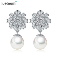 luoteemi stock fashion white gold color ladies elegant cz crystal flower with white round simulated pearl earrings designs